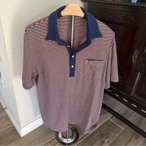Criquet Coral & Navy Blue Striped Polo with Navy Collar size Large